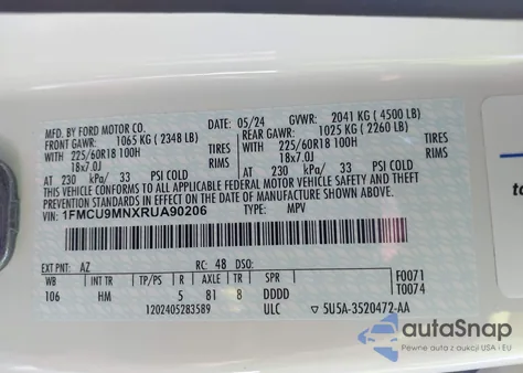 2024 Ford Escape St-Line z USA, uszkodzony, nr VIN 1FMCU9MNXRUA90206